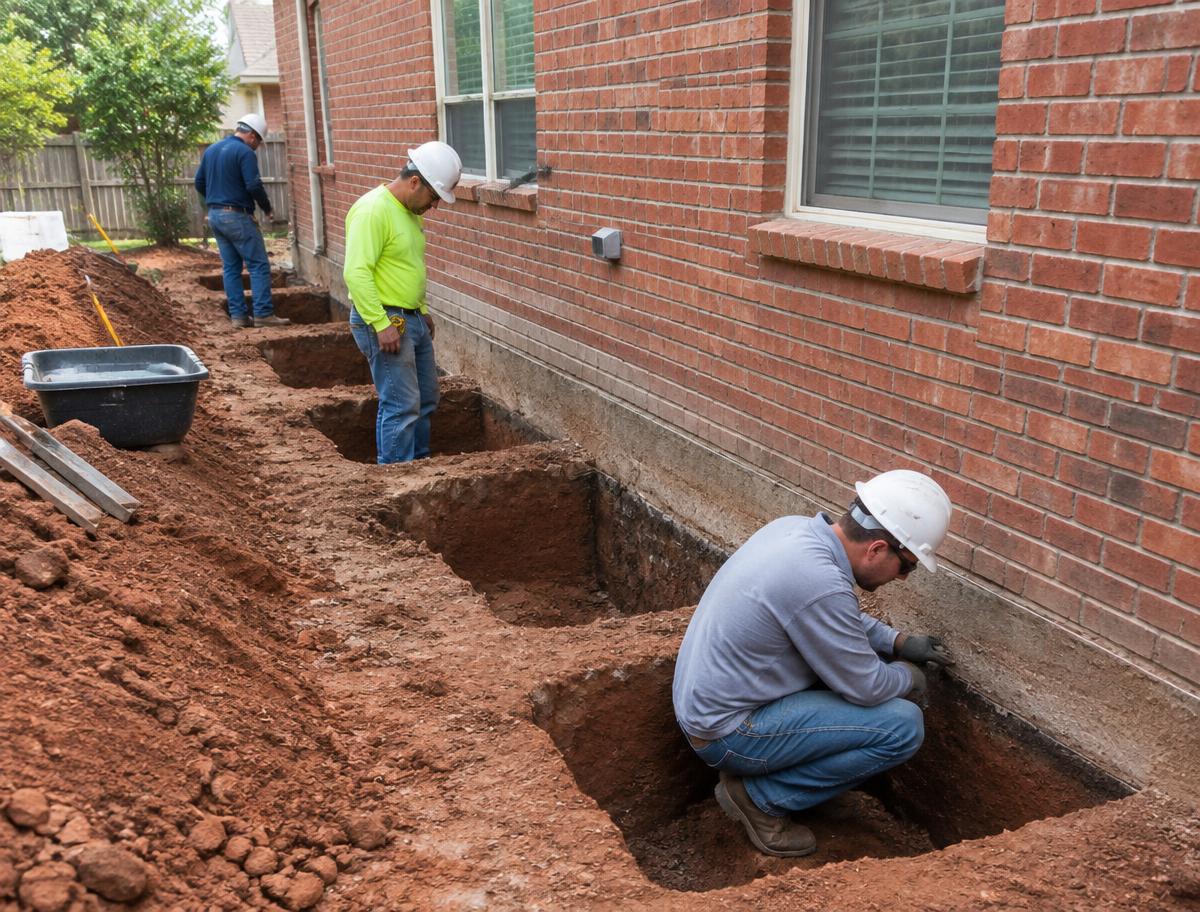 Foundation excavation alongside a brick house