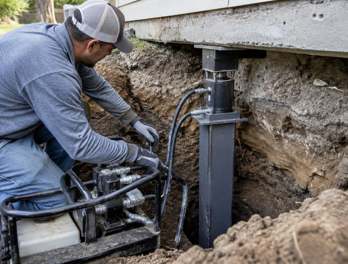 Hydraulic pier installation under a home foundation