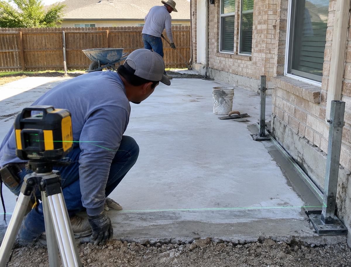 Crew checking a concrete slab with a laser level